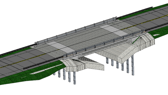 An image of a 3D computer rendering showing the bridge elements, earthwork around the bridge and the roadway corridor